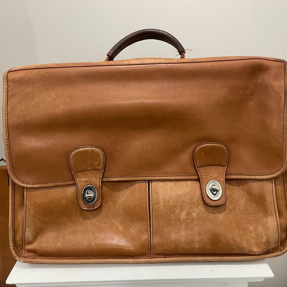 Vintage Coach Tan Leather Laptop Briefcase Messenger Bag Unisex Crossbody Strap - Picture 1 of 14
